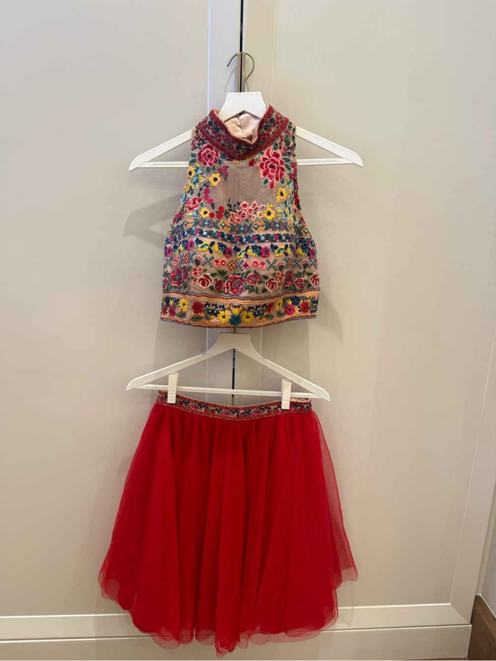 Sherri Hill Embroidered Floral Halter Top with Red Tulle Skirt Set